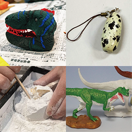 セミナー・ワークショップでの3作品と作業工程1枚の組み写真 恐竜モチーフのオブジェや化石レプリカ、発掘体験の写真