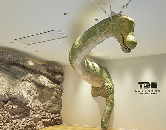 博物館ゾーン1入口の写真 壁から恐竜が前足部分まで飛び出している その横には博物館ロゴ、奥には岩肌が展示されている
