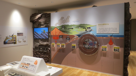 ゾーン2丹波3億年の旅の展示 壁や机に岩石に関する展示をしている